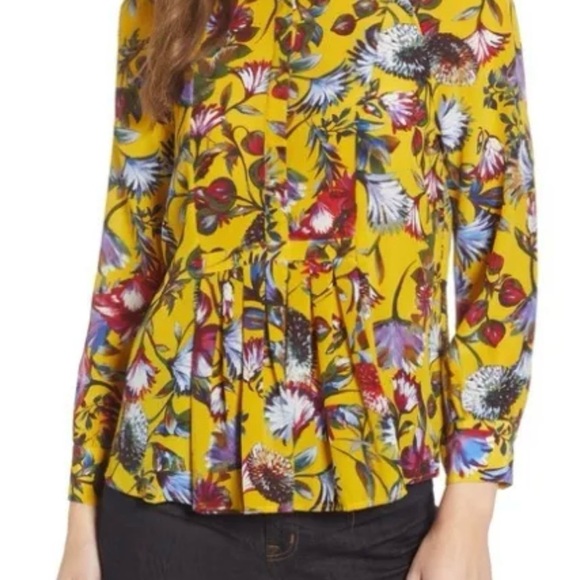 J. Crew Women’s Size Medium Golden Floral Silk Pleated Blouse Gold - Picture 9 of 9